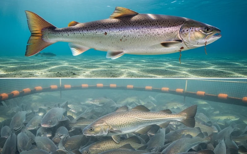 Split image wild fish vs farm-raised fish