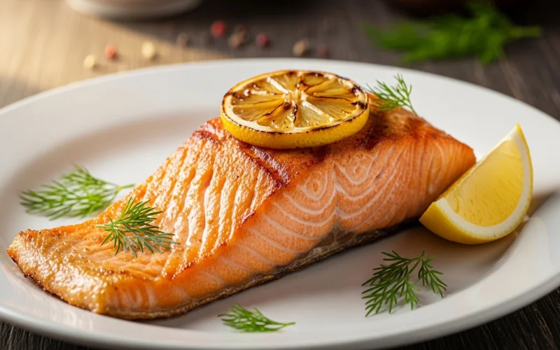 Grilled salmon fillet with crispy skin and lemon garnish