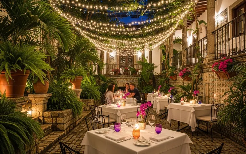 “hidden garden restaurant at night, fairy lights, tropical plants, romantic courtyard dining, elegant European Caribbean vibe”