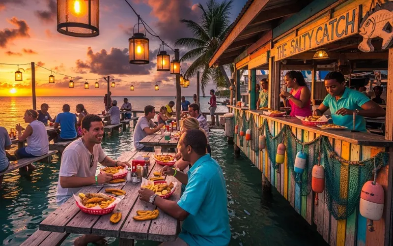 “casual seaside fish shack, fried fish baskets, wooden picnic tables over water, local Caribbean vibe, sunset crowd”