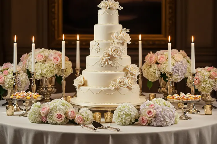 Elegant four-tier wedding cake on a beautifully decorated table with flowers and candles.