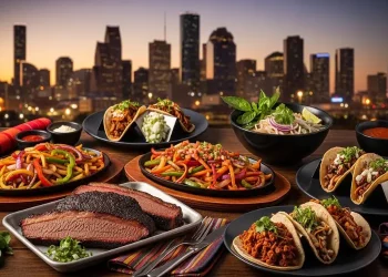 “Houston food collage, BBQ brisket, Tex-Mex fajitas, Vietnamese pho, tacos, colorful food table, city skyline, cinematic lighting”