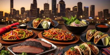 “Houston food collage, BBQ brisket, Tex-Mex fajitas, Vietnamese pho, tacos, colorful food table, city skyline, cinematic lighting”
