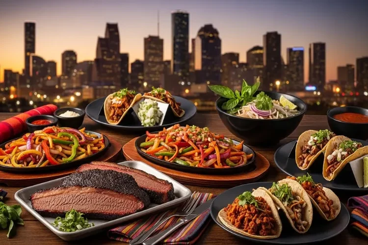 “Houston food collage, BBQ brisket, Tex-Mex fajitas, Vietnamese pho, tacos, colorful food table, city skyline, cinematic lighting”