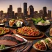 “Houston food collage, BBQ brisket, Tex-Mex fajitas, Vietnamese pho, tacos, colorful food table, city skyline, cinematic lighting”