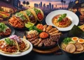 “Los Angeles food collage, tacos, Korean BBQ, pasta, ramen, food market, city skyline, cinematic lighting, vibrant colors, travel food guide style”