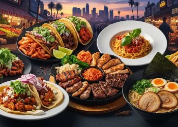 “Los Angeles food collage, tacos, Korean BBQ, pasta, ramen, food market, city skyline, cinematic lighting, vibrant colors, travel food guide style”