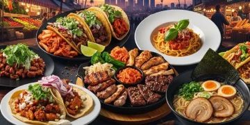 “Los Angeles food collage, tacos, Korean BBQ, pasta, ramen, food market, city skyline, cinematic lighting, vibrant colors, travel food guide style”