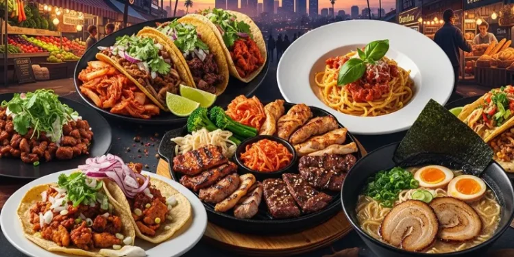 “Los Angeles food collage, tacos, Korean BBQ, pasta, ramen, food market, city skyline, cinematic lighting, vibrant colors, travel food guide style”