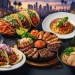 “Los Angeles food collage, tacos, Korean BBQ, pasta, ramen, food market, city skyline, cinematic lighting, vibrant colors, travel food guide style”