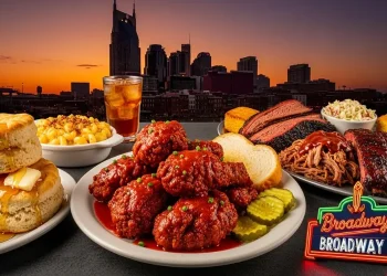 “Colorful Nashville food collage, hot chicken, biscuits, BBQ, neon Broadway sign, Nashville skyline at sunset,