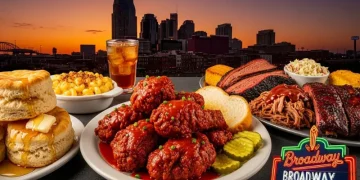 “Colorful Nashville food collage, hot chicken, biscuits, BBQ, neon Broadway sign, Nashville skyline at sunset,
