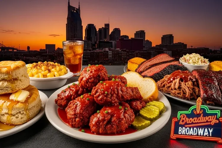 “Colorful Nashville food collage, hot chicken, biscuits, BBQ, neon Broadway sign, Nashville skyline at sunset,