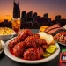 “Colorful Nashville food collage, hot chicken, biscuits, BBQ, neon Broadway sign, Nashville skyline at sunset,