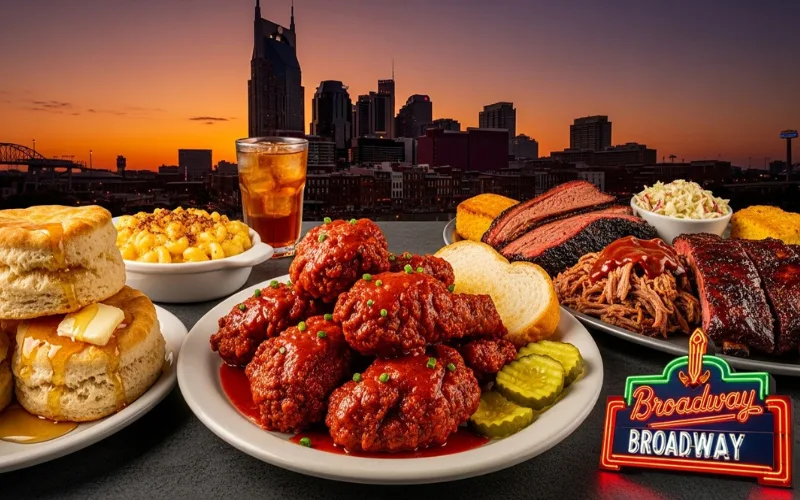 “Colorful Nashville food collage, hot chicken, biscuits, BBQ, neon Broadway sign, Nashville skyline at sunset,