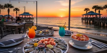 Orange Beach Alabama waterfront restaurants at sunset, seafood table with shrimp, oysters, and cocktails, beach view