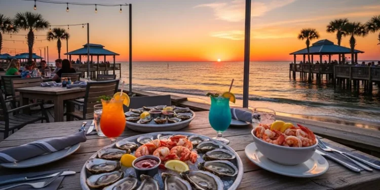Orange Beach Alabama waterfront restaurants at sunset, seafood table with shrimp, oysters, and cocktails, beach view