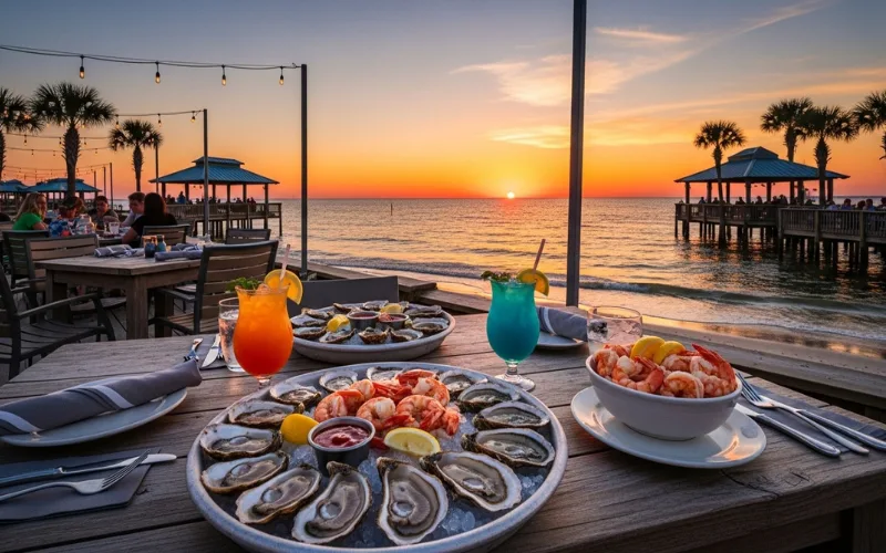 Orange Beach Alabama waterfront restaurants at sunset, seafood table with shrimp, oysters, and cocktails, beach view