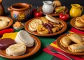 Traditional Colombian food table with bandeja paisa, arepas, empanadas, colorful dishes, vibrant Latin atmosphere