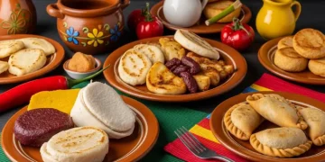 Traditional Colombian food table with bandeja paisa, arepas, empanadas, colorful dishes, vibrant Latin atmosphere