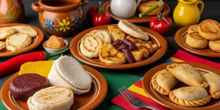 Traditional Colombian food table with bandeja paisa, arepas, empanadas, colorful dishes, vibrant Latin atmosphere