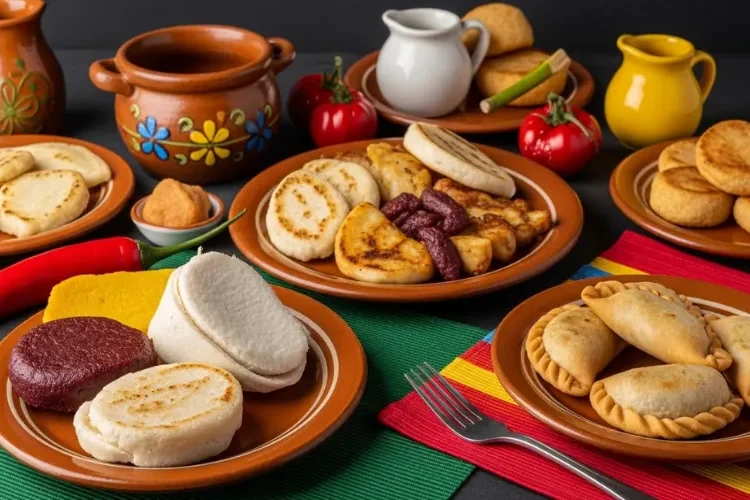 Traditional Colombian food table with bandeja paisa, arepas, empanadas, colorful dishes, vibrant Latin atmosphere