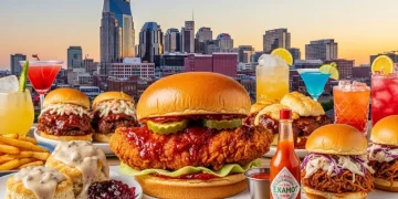 Colorful Nashville food collage featuring hot chicken, biscuits, BBQ, cocktails, and skyline in the background