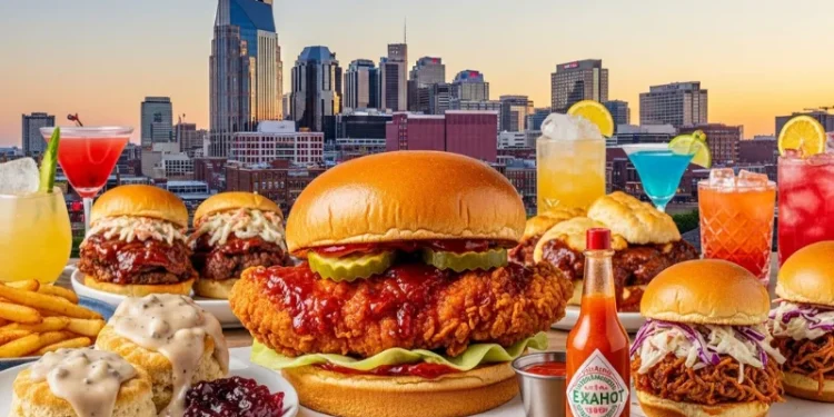 Colorful Nashville food collage featuring hot chicken, biscuits, BBQ, cocktails, and skyline in the background