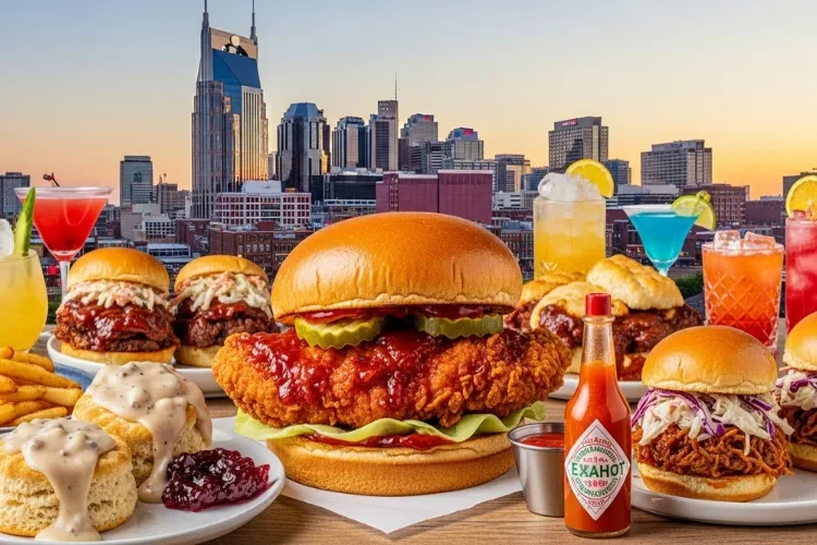 Colorful Nashville food collage featuring hot chicken, biscuits, BBQ, cocktails, and skyline in the background
