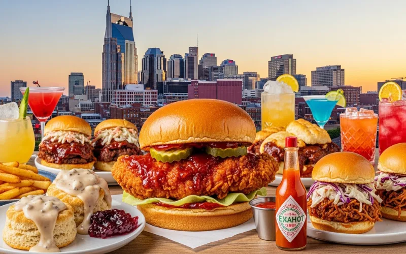 Colorful Nashville food collage featuring hot chicken, biscuits, BBQ, cocktails, and skyline in the background