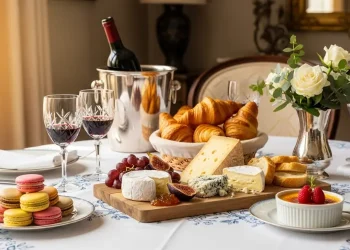 Elegant French dining table with croissants, cheese board, wine, macarons and creme brulee, soft natural light.