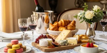Elegant French dining table with croissants, cheese board, wine, macarons and creme brulee, soft natural light.