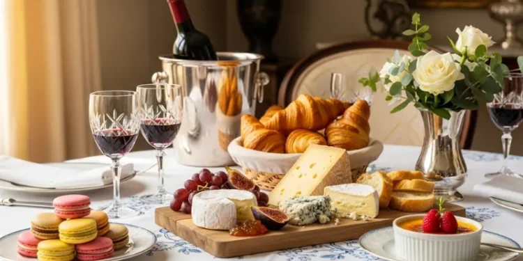 Elegant French dining table with croissants, cheese board, wine, macarons and creme brulee, soft natural light.