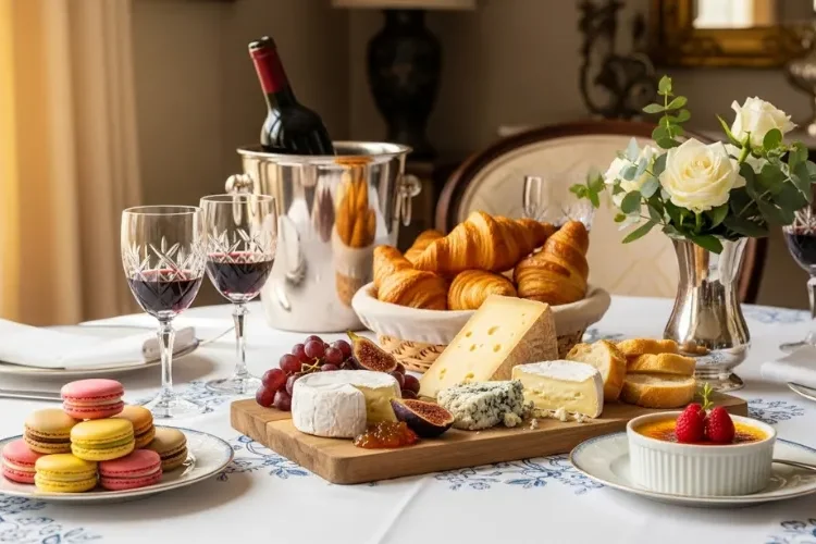 Elegant French dining table with croissants, cheese board, wine, macarons and creme brulee, soft natural light.