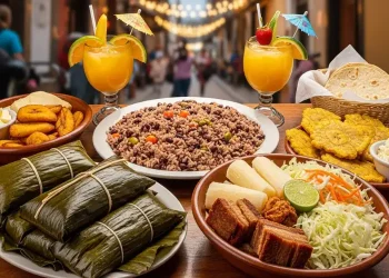 Colorful table full of traditional Nicaraguan food including gallo pinto, nacatamales wrapped in banana leaves, vigoron, fried plantains, tropical drinks, rustic wooden table, vibrant Latin American street food scene, natural lighting