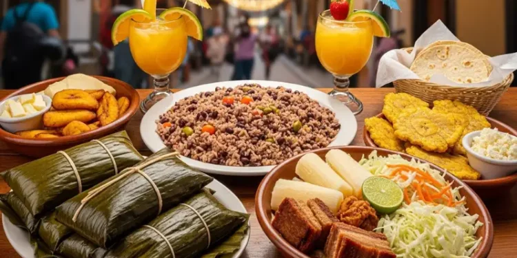 Colorful table full of traditional Nicaraguan food including gallo pinto, nacatamales wrapped in banana leaves, vigoron, fried plantains, tropical drinks, rustic wooden table, vibrant Latin American street food scene, natural lighting