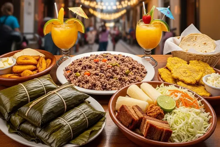 Colorful table full of traditional Nicaraguan food including gallo pinto, nacatamales wrapped in banana leaves, vigoron, fried plantains, tropical drinks, rustic wooden table, vibrant Latin American street food scene, natural lighting