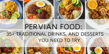 Peruvian food collage with ceviche, lomo saltado, colorful ingredients, vibrant street food.