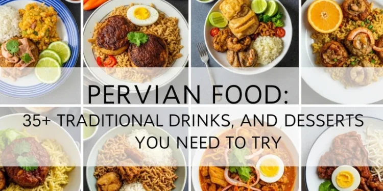 Peruvian food collage with ceviche, lomo saltado, colorful ingredients, vibrant street food.