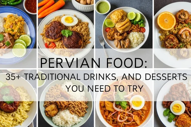 Peruvian food collage with ceviche, lomo saltado, colorful ingredients, vibrant street food.