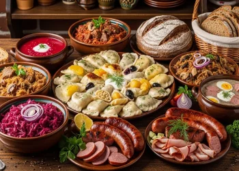 Polish traditional food spread on a wooden table with pierogi, kielbasa sausage.
