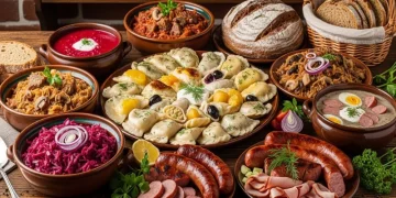Polish traditional food spread on a wooden table with pierogi, kielbasa sausage.
