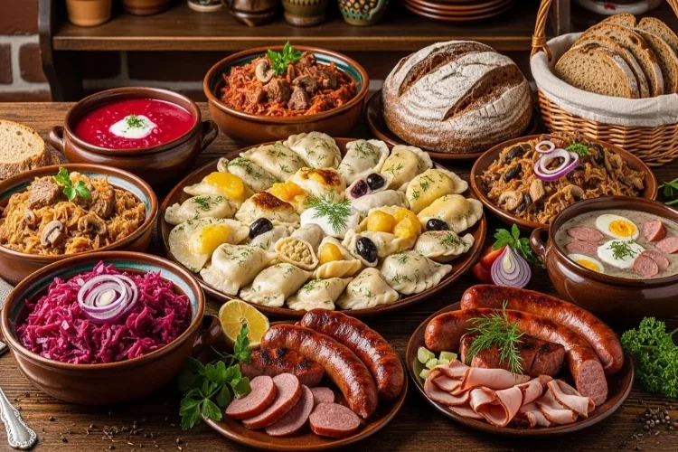 Polish traditional food spread on a wooden table with pierogi, kielbasa sausage.