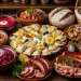 Polish traditional food spread on a wooden table with pierogi, kielbasa sausage.