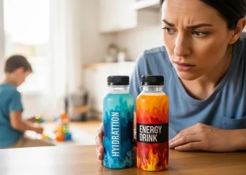 A concerned parent looking at two similar bottles labeled hydration and energy drink, colorful drink bottles on table, child in background, bright lighting, realistic photo, blog thumbnail style