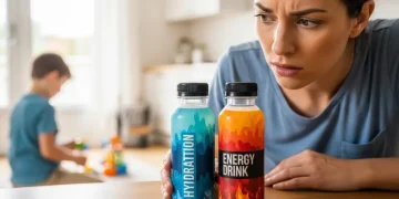 A concerned parent looking at two similar bottles labeled hydration and energy drink, colorful drink bottles on table, child in background, bright lighting, realistic photo, blog thumbnail style