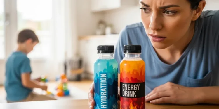 A concerned parent looking at two similar bottles labeled hydration and energy drink, colorful drink bottles on table, child in background, bright lighting, realistic photo, blog thumbnail style