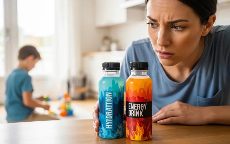 A concerned parent looking at two similar bottles labeled hydration and energy drink, colorful drink bottles on table, child in background, bright lighting, realistic photo, blog thumbnail style