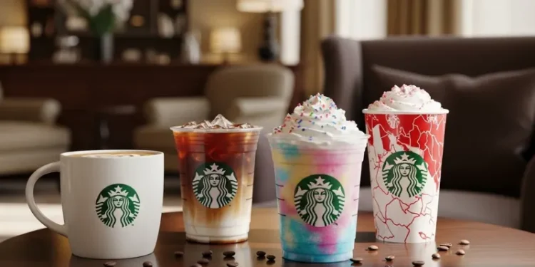 Assorted Starbucks drinks on a café table including hot coffee, iced coffee, colorful Frappuccino.