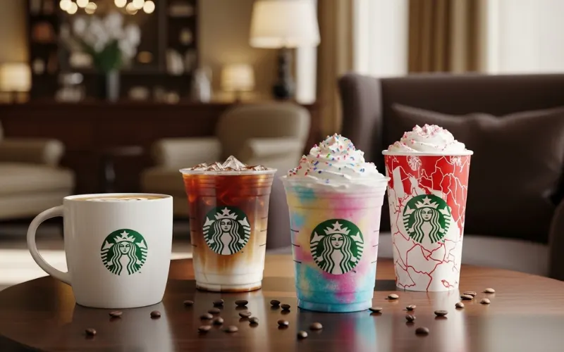 Assorted Starbucks drinks on a café table including hot coffee, iced coffee, colorful Frappuccino.